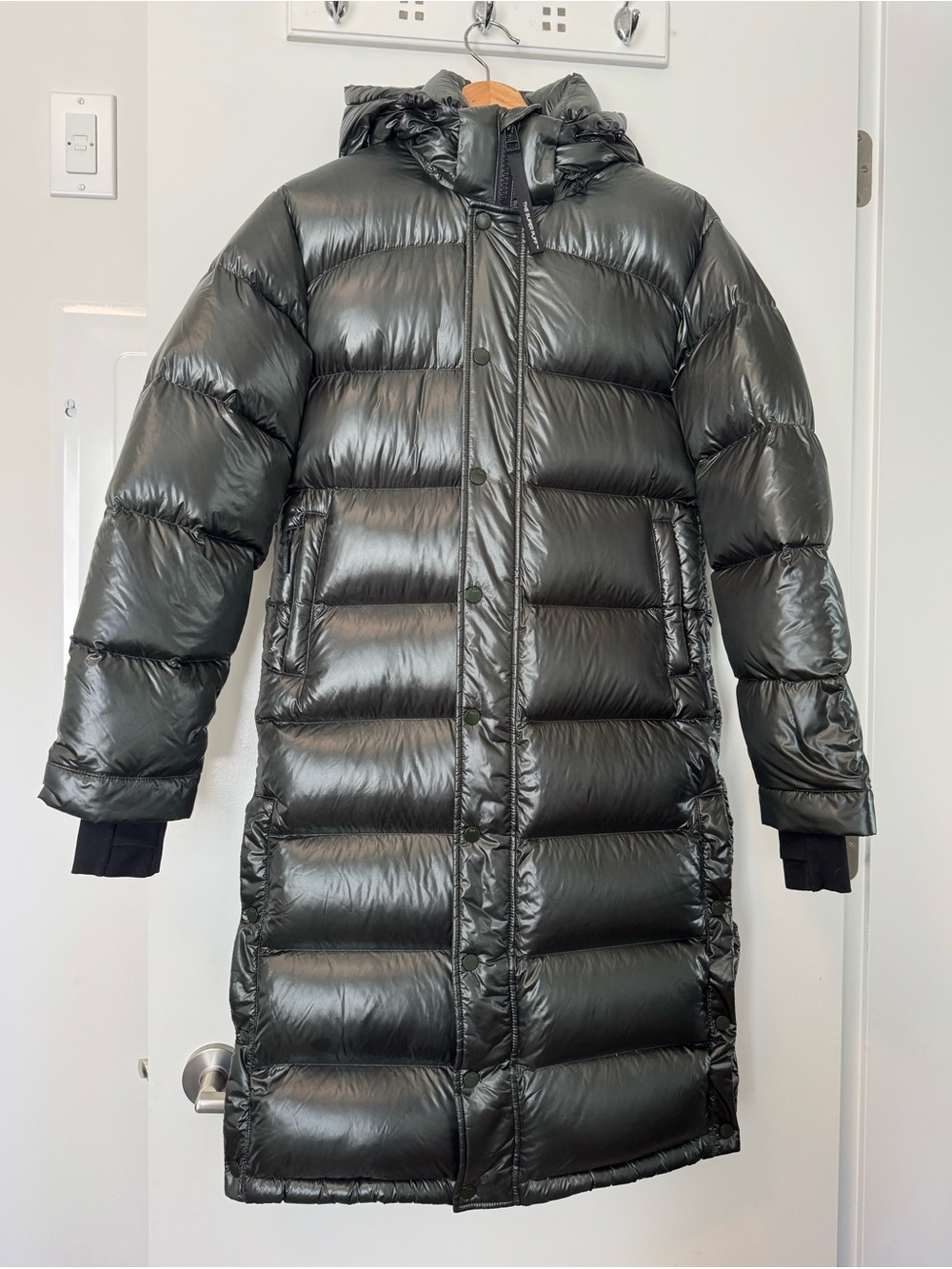 Aritzia TNA The Super Puff Long 3XS Glossy Charcoal Olive Down Coat